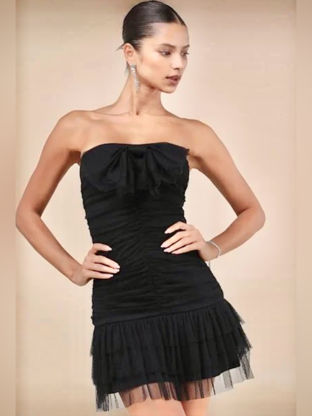 Lulus Picture-Perfect Persona Black Mesh Bow Ruched Mini Dress - Picture 4 of 8